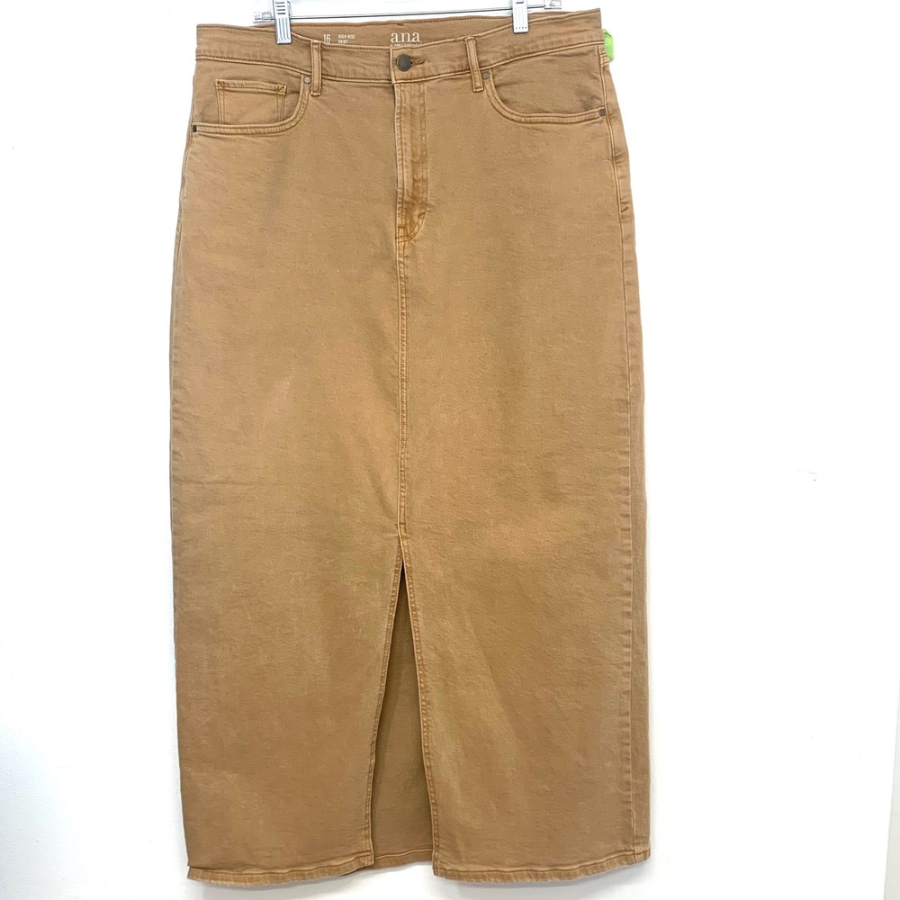 ANA High Rise Denim Maxi Skirt Tan Camel Sz 16 Long Stretch Pockets Western Boho